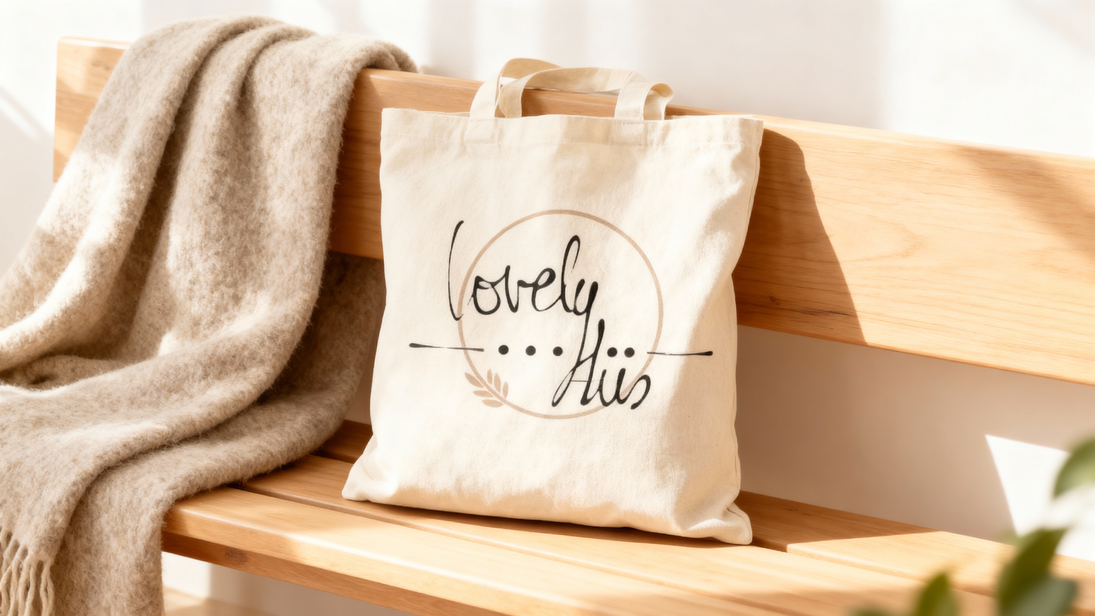 Tote bag Lovely Hüs sobre un banc de fusta amb manta de llana